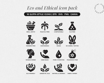 Eco Friendly Icons SVG PNG, Sustainable Packaging Icon Set, Ethical Branding Icons for Skincare Candle Business, Glyph