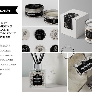 Könnte beinhalten: Ein Branding-Paket für ein Kerzengeschäft mit einem schwarz-weißen floralen Design und dem Text "Sweet Essences". Das Paket beinhaltet eine Visitenkarte, Kerzenetiketten, Warnhinweise, eine Dankeskarte, eine Kerzenpflegekarte, ein Etikett für den Boxverschluss und Aufkleber.