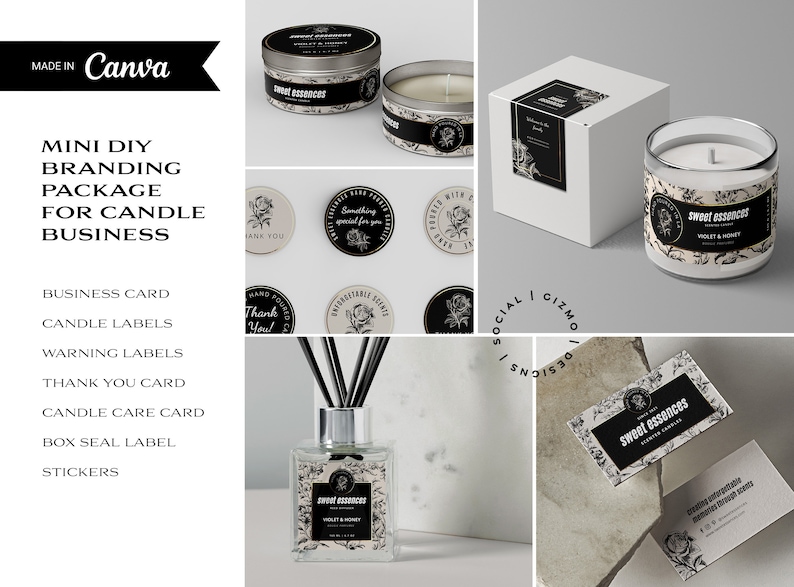 Luxury DIY Branding Kit for Candle Business in Black and gold foil with rose illustration pattern design. Get all the essential brand elements in one matching bundle to brand your candles! Suitable for reed diffusers and linen spray products!