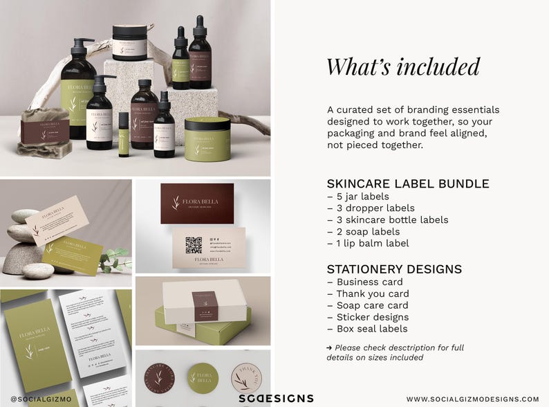 Minimal skincare packaging mockup with coordinated bottle, jar, dropper, soap, and lip balm labels designed as one cohesive Canva brand system.