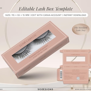May include: A pink lash box template with the text "Editable Lash Box Template". The box is labeled "LUMÉ LASH CO." and contains a pair of false eyelashes. The box dimensions are 115 x 55 x 15 mm. The design includes the text "Fits Standard Lash Tray".