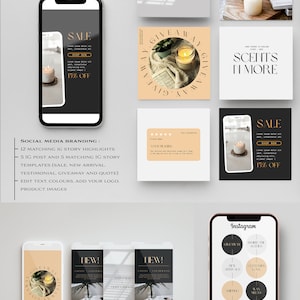 May include: Social media branding template for a candle company. The template includes a variety of images and text, including a sale announcement, a giveaway announcement, and a customer service menu. The template is designed to be used on Instagram and other social media platforms.