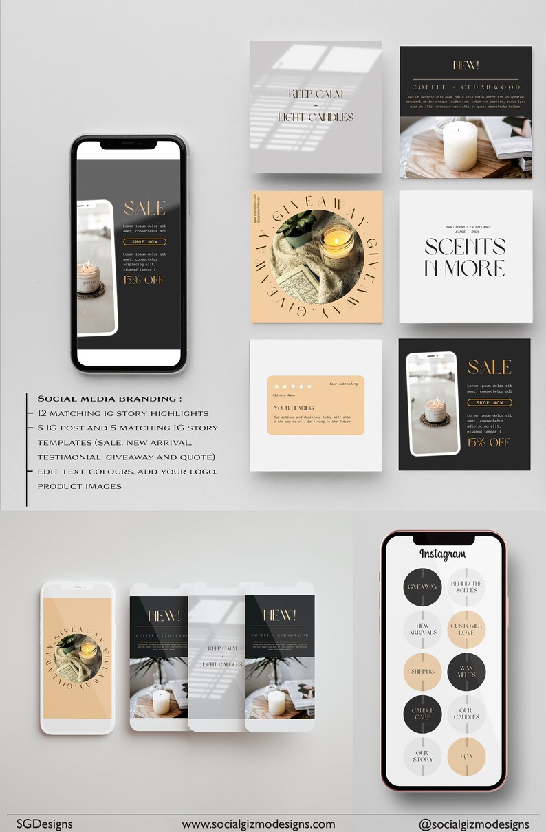 May include: Social media branding template for a candle company. The template includes a variety of images and text, including a sale announcement, a giveaway announcement, and a customer service menu. The template is designed to be used on Instagram and other social media platforms.