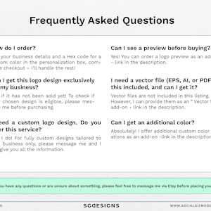 May include: A white background with black text answering frequently asked questions about ordering a logo design. The text includes questions like "How do I order?" and "Can I get this logo design exclusively for my business?"