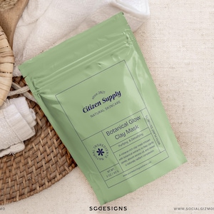 Skincare pouch label template with botanical clay mask packaging, modern retro cosmetic label design, cohesive packaging for beauty and wellness brands