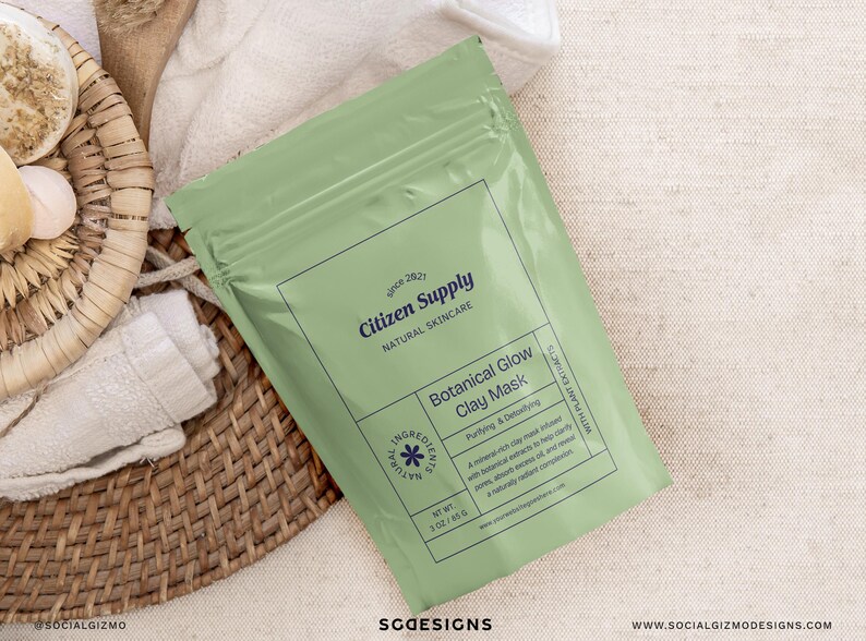 Skincare pouch label template with botanical clay mask packaging, modern retro cosmetic label design, cohesive packaging for beauty and wellness brands
