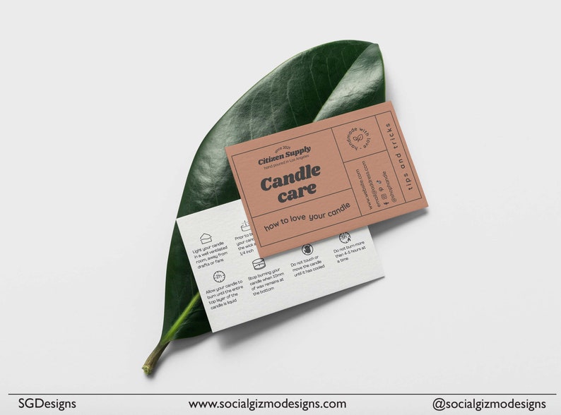 Retro candle care insert template displayed on a green leaf background showing playful vintage-inspired typography and editable Canva layout.