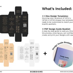 Flat lay of the printable A4 template layout and the "Design Guide" booklet included with the digital download.