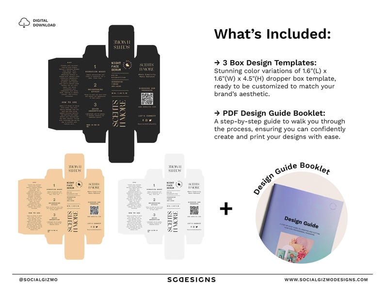 Flat lay of the printable A4 template layout and the "Design Guide" booklet included with the digital download.