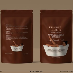 Editable Canva pouch label templates displayed on brown and neutral stand-up pouches, showing bath salts packaging design with illustrated feminine detail for skincare and wellness brands.