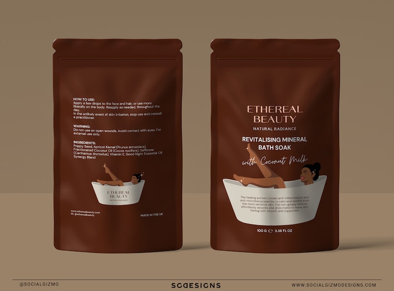 Editable Canva pouch label templates displayed on brown and neutral stand-up pouches, showing bath salts packaging design with illustrated feminine detail for skincare and wellness brands.