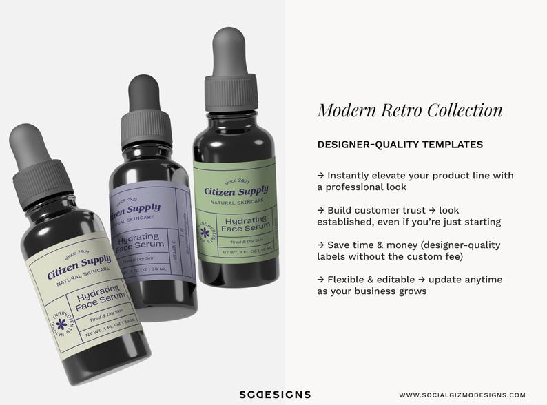 Full skincare product line with coordinated labels across packaging types, cohesive branding for beauty businesses