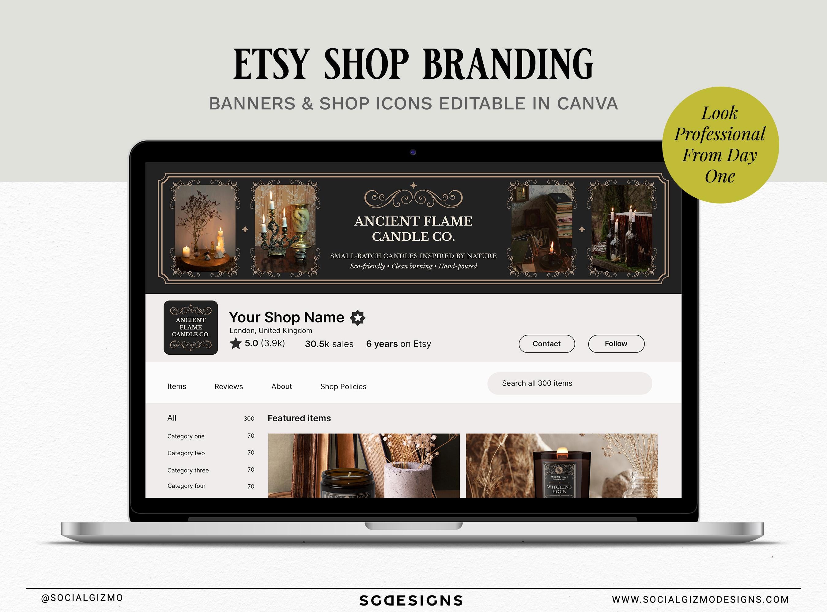 Witchy Etsy Shop Branding Kit, Vintage Etsy Banner Templates, Etsy Store Icon Canva Template 094