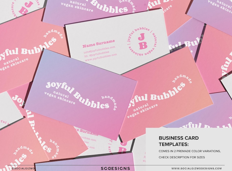 Business card templates from a retro skincare branding kit, shown in a cohesive playful design style suitable for handmade beauty brands