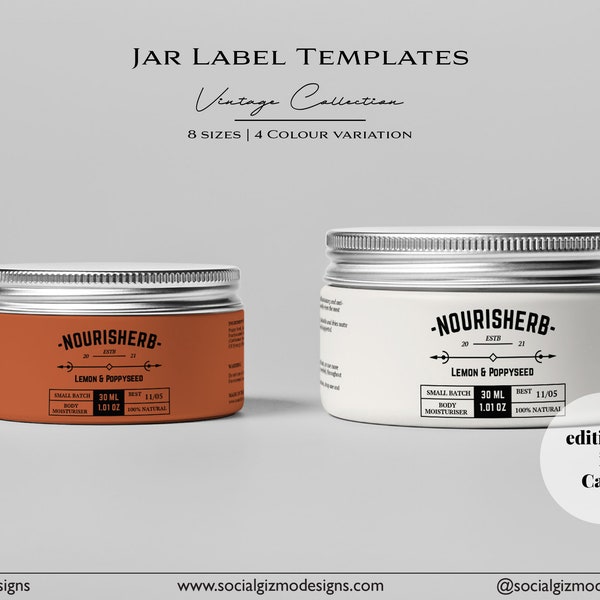 Editable Body Product Labels, Black Body Butter Label Template, Wrap Around Jar Labels, Vintage Jar Labels, Cream Jar Product Label #022