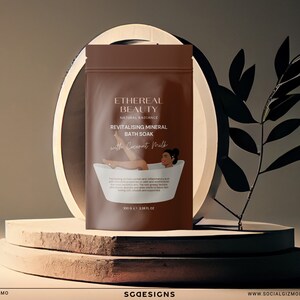 Editable skincare pouch label template on a single product mockup, showing clean typography and illustrated design