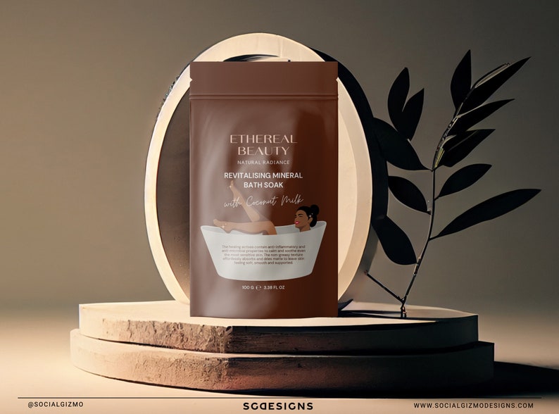 Editable skincare pouch label template on a single product mockup, showing clean typography and illustrated design