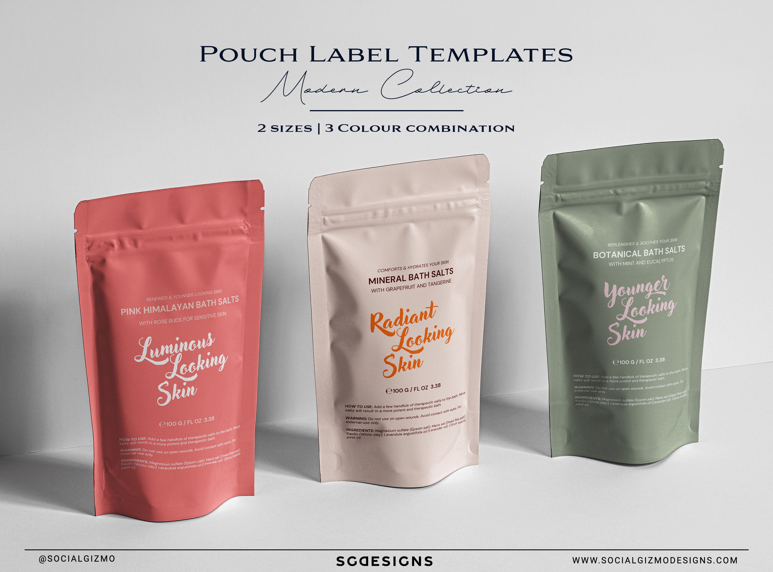 DIY Bold Pouch Label Templates, Modern Bath Salts Label, Editable Bath