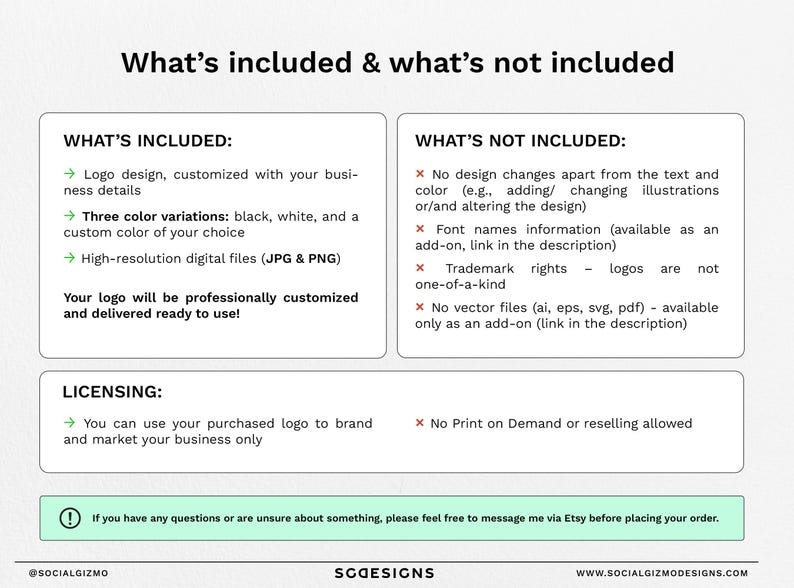 K&ouml;nnte beinhalten: Eine Grafik mit wei&szlig;em Hintergrund und schwarzem Text, der beschreibt, was in einem Logo-Design-Paket enthalten ist und was nicht. Der Text lautet "Logo-Design, angepasst an Ihre Unternehmensdetails", "Drei Farbvarianten: Schwarz, Wei&szlig; und eine benutzerdefinierte Farbe Ihrer Wahl", "Hochaufl&ouml;sende digitale Dateien (JPG & PNG)", "Ihr Logo wird professionell angepasst und gebrauchsfertig geliefert!" und "Sie k&ouml;nnen Ihr gekauftes Logo verwenden, um Ihre Marke zu erstellen und Ihr Gesch&auml;ft zu vermarkten". Der Text sagt auch "Keine Design&auml;nderungen au&szlig;er dem Text und der Farbe (z. B. Hinzuf&uuml;gen/&Auml;ndern von Illustrationen oder &Auml;ndern des Designs)", "Informationen zu Schriftarten (erh&auml;ltlich als Add-on, Link in der Beschreibung)", "Markenrechte - Logos sind nicht einzigartig", "Keine Vektor-Dateien (ai, eps, svg, pdf) - nur als Add-on verf&uuml;gbar (Link in der Beschreibung)" und "Kein Druck auf Anfrage oder Weiterverkauf erlaubt".