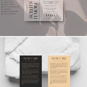 May include: A black and white card with the text "SCENTS IN MORE" and a thank you message for customers. The card also includes information about soap care, including storage instructions and how to cut the soap bars.
