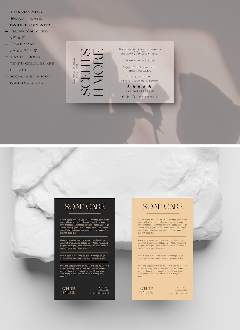 May include: A black and white card with the text "SCENTS IN MORE" and a thank you message for customers. The card also includes information about soap care, including storage instructions and how to cut the soap bars.
