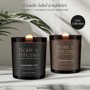Könnte beinhalten: Zwei Glasbehälterkerzen mit dem Text "Noir Studio" und "Cashmere Oud" auf den Etiketten. Die Kerzen sind schwarz und braun, mit einem angezündeten Docht. Das Bild enthält auch den Text "Candle label templates" und "Luxe Collection".