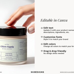 Editable skincare jar label template shown on cream container, modern structured cosmetic packaging, Canva template with customizable text, fonts, and colors