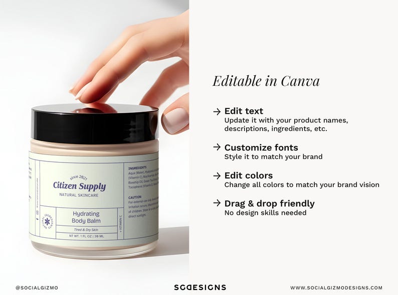 Editable skincare jar label template shown on cream container, modern structured cosmetic packaging, Canva template with customizable text, fonts, and colors
