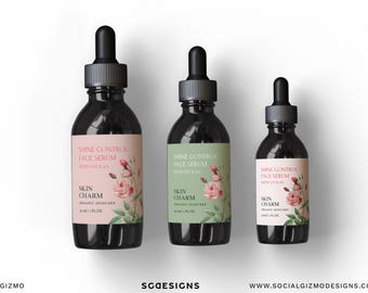 Skincare Label Template Canva, Floral Dropper Bottle Labels, Cosmetic Serum Label Template, Elegant Minimal Packaging Design 065