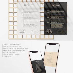 May include: Two digital mockups of a price list template for candles. The template is in a minimalist style with a black background and gold text. The text includes the words "Price List" and "Scent's It More". The template is designed for both print and social media.