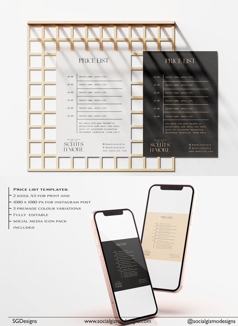 May include: Two digital mockups of a price list template for candles. The template is in a minimalist style with a black background and gold text. The text includes the words "Price List" and "Scent's It More". The template is designed for both print and social media.