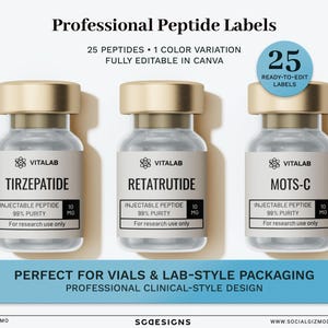 May include: Three clear glass vials with gold caps and white labels. The labels read "Tirzepatide", "Retratrutide", and "MOTS-C". Each label includes the text "Injectable Peptide", "99% Purity", and "10 MG". The image also includes the text "Professional Peptide Labels".