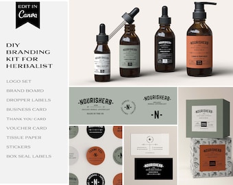 May include: Branding kit for a herbalist business, featuring a logo with the text "Nourisherb" in black and white, a business card with the same logo, and a variety of product labels with the same logo and the text "Organic Herbal Apothecary" in black and white.
