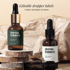 Plantilla de etiqueta de suero para frascos con gotero, paquete de etiquetas para el cuidado de la piel, etiquetas para frascos de cosméticos, plantillas de etiquetas editables de Canva (7 tamaños) n.° 010
