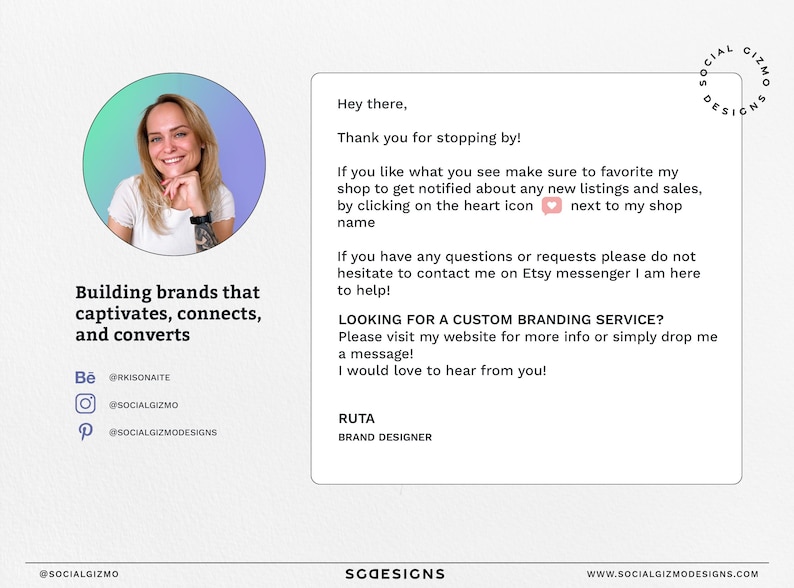 May include: A graphic design business card with a photo of a woman, the text "Building brands that captivates, connects, and converts" and the text "Looking for a custom branding service? Please visit my website for more info or simply drop me a message! I would love to hear from you!"