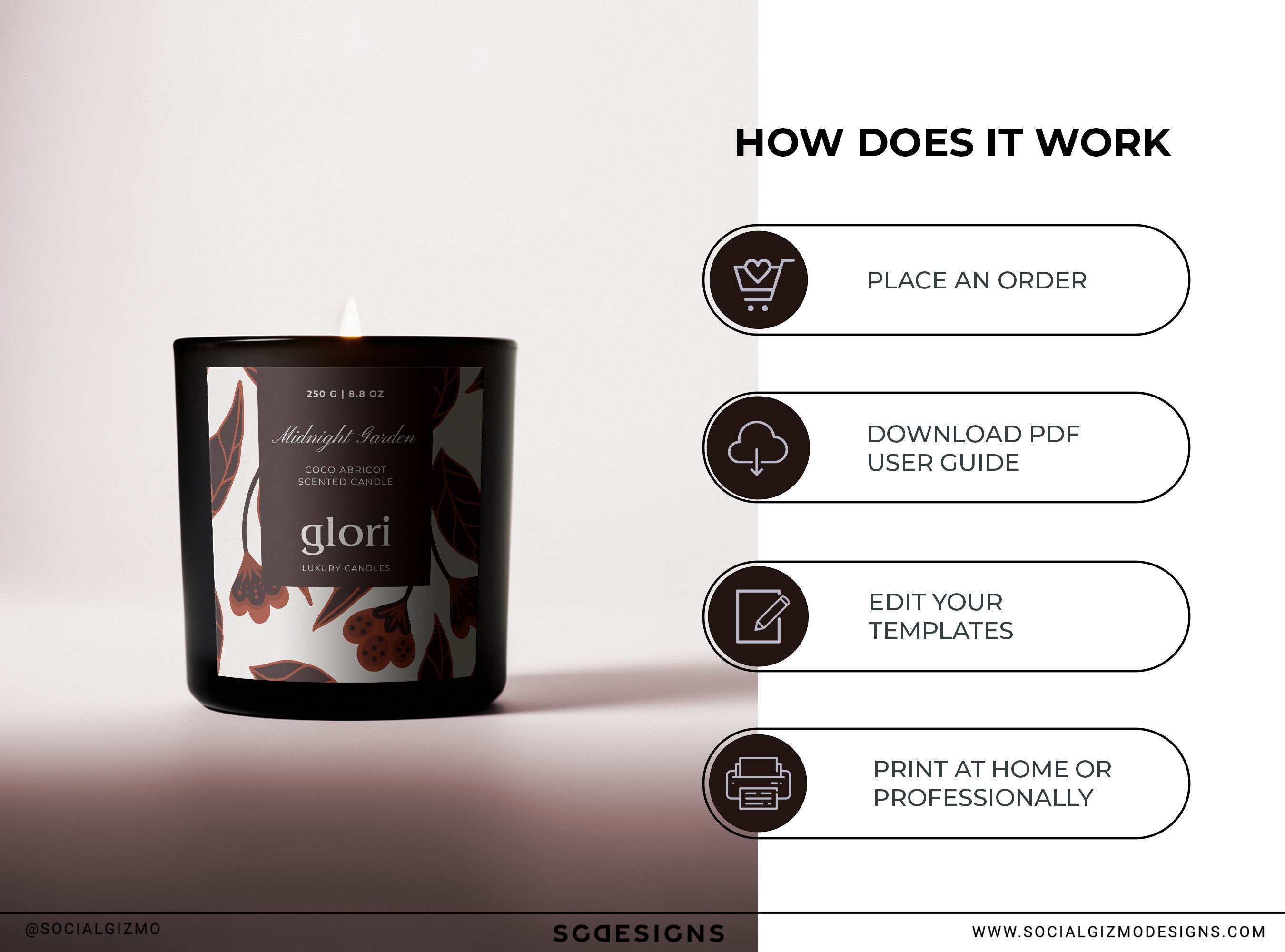 Luxury DIY Black Candle Label, Modern Floral DIY Candle Label Design, Dark Luxury Candle Label