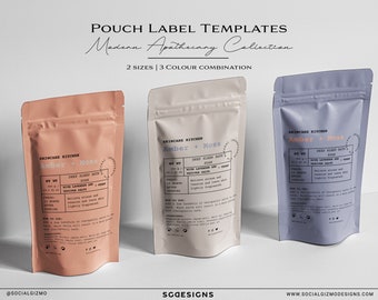 May include: Three pouch label templates for bath products. The labels are in three different colours: pink, beige, and purple. Each label features the text "Amber + Moss" and "Deep Sleep Bath Soak" with a list of ingredients and instructions. The text "Skincare Kitchen" is also included on each label.