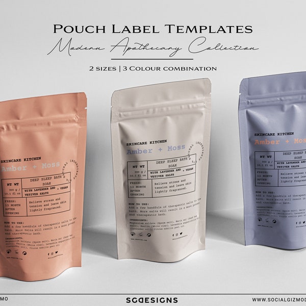 DIY Pouch Label Templates, Apothecary Pouch Label, Modern Pouch Labels, Pouch Packaging Design, Editable Bath Salts Labels, Pouch Sticker