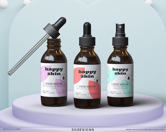 Modern Dropper Label Templates, Editable Serum & Face Oil Labels, Playful Retro Skincare Labels in Canva DIY 016
