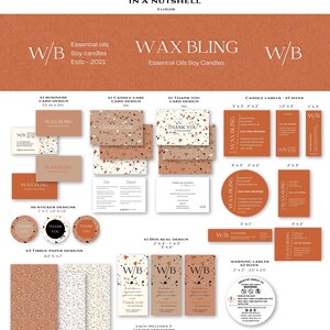 Complete candle branding kit overview showing all templates including labels, cards, stickers and packaging elements