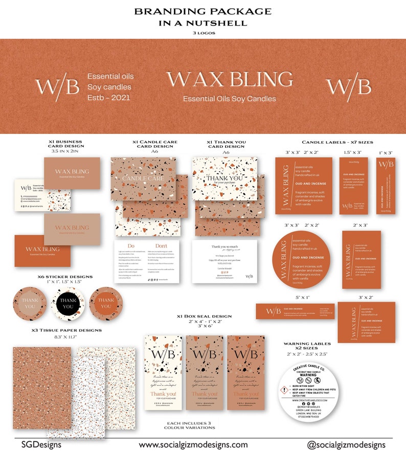 Complete candle branding kit overview showing all templates including labels, cards, stickers and packaging elements