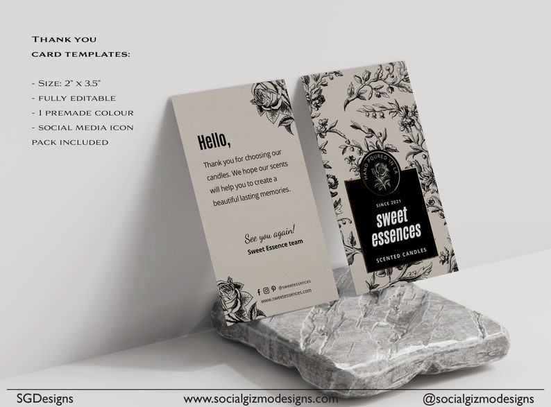 May include: Two thank you cards with a floral design. The card on the left says "Hello, Thank you for choosing our candles. We hope our scents will help you to create a beautiful lasting memories. See you again! Sweet Essence team." The card on the right says "Hand Poured in Italy Since 2021 Sweet Essences Scented Candles".