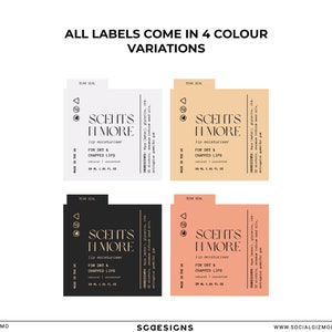 May include: Four different color variations of a lip balm label design. The label is white, black, beige, and pink. The label features the text "SCENTS IT MORE" and "lip moisturizer" in a black font. The label also includes the text "FOR DRY & CHAPPED LIPS" in a smaller font. The label is surrounded by a black border.