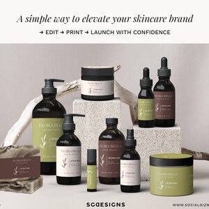 What’s included image detailing skincare label bundle and stationery templates in an editable Canva branding kit for beauty businesses.