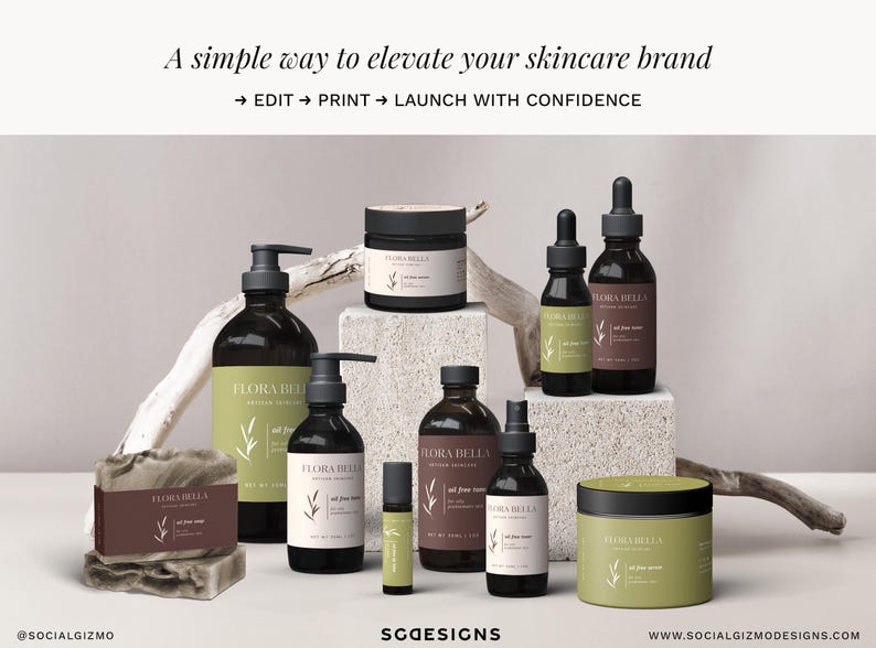 What’s included image detailing skincare label bundle and stationery templates in an editable Canva branding kit for beauty businesses.
