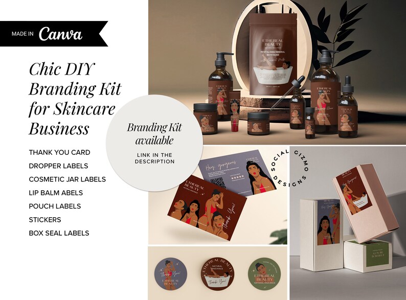 May include: A branding kit for a skincare business featuring the text "Ethical Beauty" on the packaging. The kit includes a thank you card, dropper labels, cosmetic jar labels, lip balm labels, pouch labels, stickers, and box seal labels. The kit is designed in a chic style with a brown and white colour scheme.