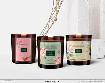 Plantillas de etiquetas florales para velas en Canva, etiquetas botánicas para velas, diseño editable de etiquetas para frascos para pequeñas empresas 066