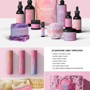 Skincare product mockups featuring jars, dropper bottles, bath products, and soaps using the retro branding kit labels in coordinated pink and pastel colours