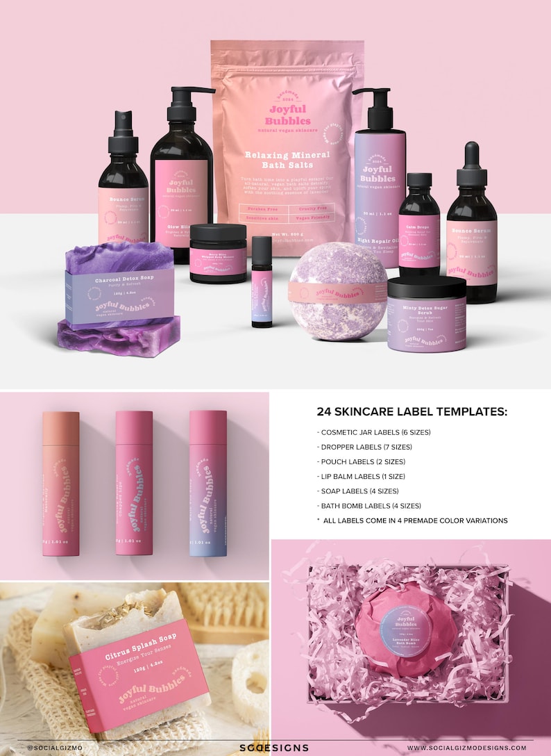 Skincare product mockups featuring jars, dropper bottles, bath products, and soaps using the retro branding kit labels in coordinated pink and pastel colours
