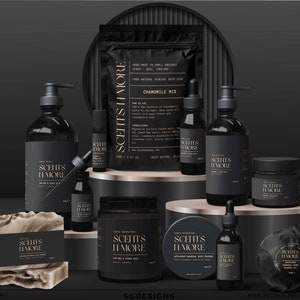 Black DIY Skincare Labels, Luxury Beauty Labels, Minimal Black Cosmetic Labels, Modern Black Cosmetic Label Template, Black Gold Labels #017